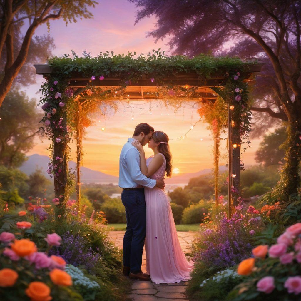 A warm, inviting scene of a couple embracing in a serene setting, surrounded by soft glowing lights and lush greenery, symbolizing intimacy and connection. Incorporate subtle elements like intertwined hands and gentle smiles to evoke feelings of joy and romance. Background should feature a sunset with vibrant hues that signify warmth and passion. soft focus and dreamy feel. whimsical art style.