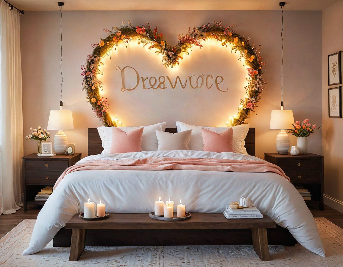 A cozy, inviting bedroom scene with soft lighting, featuring two intertwined silhouettes forming a heart shape, surrounded by playful symbols of intimacy and wellness like candles, essential oils, and flowers. A gentle ambiance radiates warmth and comfort, set against a calming color palette. The scene captures the essence of connection and care in a relationship. super-realistic. vibrant colors. soft focus.